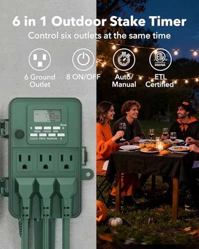 BN-LINK Outdoor Power Stake, 7-Day Programmable Digital Timer, 6 Outlets, 6FT Extension Cord, Waterproof Perfect for Chris...