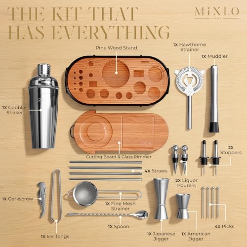 MIXLO HOME Mixology Bartender Kit - 22Pcs Bar Set Cocktail Shaker Set w Brown Bar Cart Accessories Stand - Shakers Bartend...