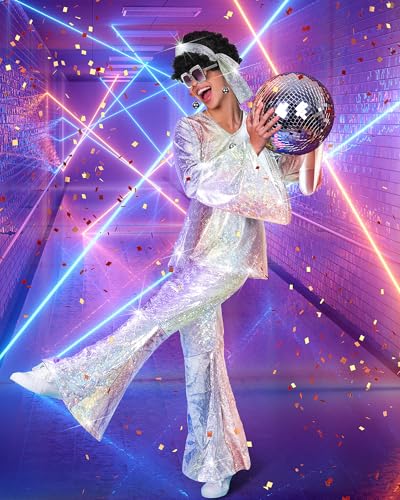 Jexine 70s Women Disco Outfit Costume Disco Party Top Pants Sunglasses Ball Necklace Earring Wig for Halloween New Year Eve