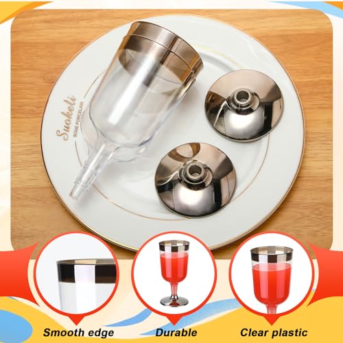 Uiifan 6 oz Plastic Wine Glasses, 100 Pcs, Reusable, Clear with Silver Rim, for Wedding, Birthday, Champagne Party Supplies