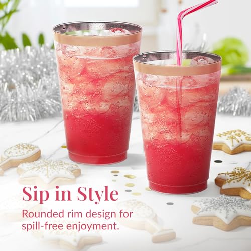 50 Pack Disposable Plastic Cups by Prestee - 14 oz Rose Gold Rimmed Plastic Wine Glasses - Heavy Duty, Pink Rim Cup - Disp...