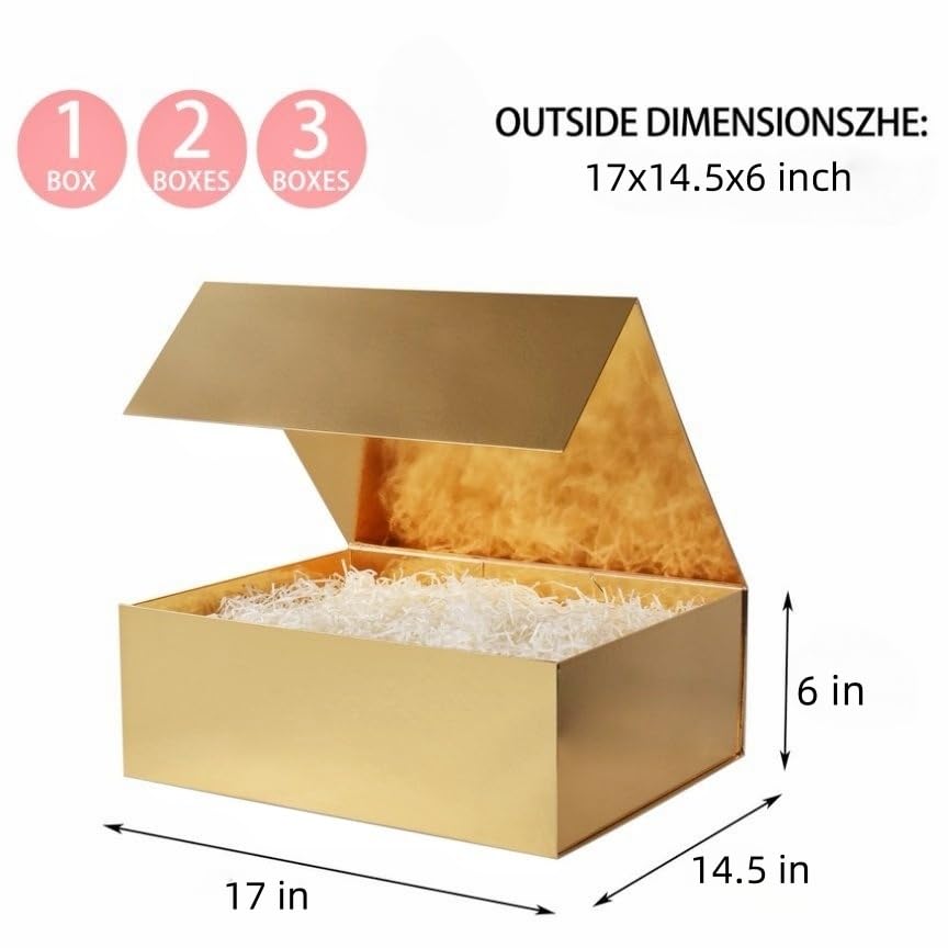 UoeRing 2 Pack Extra Large Gold Gift Box 17x14.5x6 inch Luxury Gift Box for Presents with Magnetic Closure Lid Collapsible,Birthday,Christmas,Contains Card, Ribbon,Tissue Paper,Shredded Paper Filler