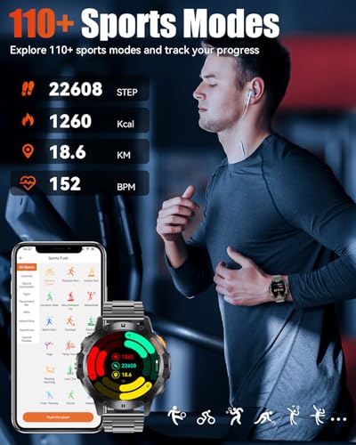 PODOEIL Military Smart Watches for Men with Bluetooth Call, 1.43" AMOLED Waterproof Smartwatch with Flashlight, 111 Sport ...