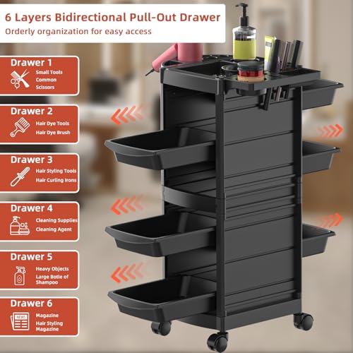 7-Layer Salon Trolley Cart with 6 Drawers, Professional Salon Rolling Cart with Wheels for Hair Stylist, Portable Barber Station with Extra Storage Space for Tattoo, Barber
