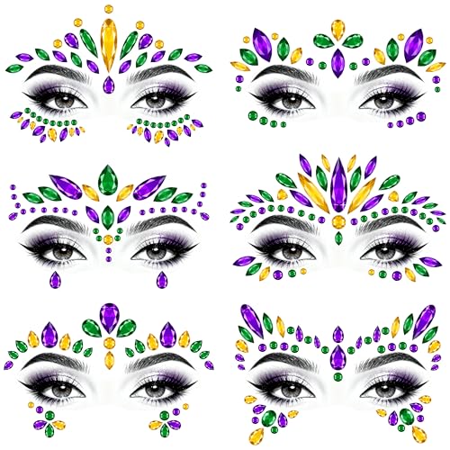 6 Sets Mardi Gras Face Gems Stickers Accessories Self-Adhesive 3D Eye Jewels for Women Crystals Decorations Carnival Party...