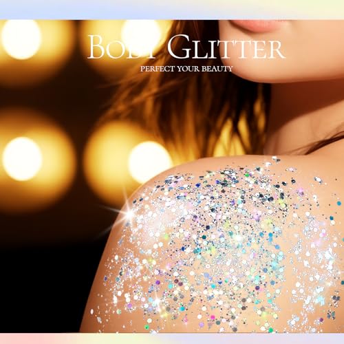 Teenitor Body Glitter, Body Glitter Gel, Hair Glitter, Face Glitter, Holographic Chunky Makeup Silver Glitter Gel for Fac...