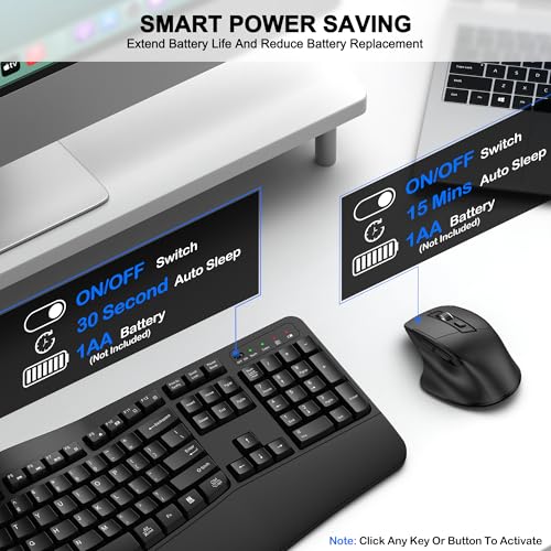 Wireless Keyboard and Mouse Combo, 2.4G Full Size Wave Keys Ergonomic Keyboard with Wrist Rest and 3-Level DPI Adjustable ...