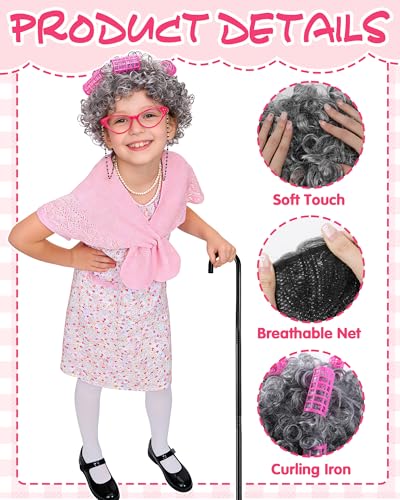 Vivrerizo Old Lady Costume for Kids - Grandma Costume for Girls 100 Days of School Funny Granny Dress Up Party Cosplay
