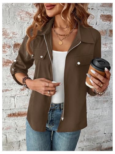 SOLY HUX Women's Zip Up Lightweight Jacket Collared Roll Up Long Sleeve Shirt Jacket Fall Casual Outerwear