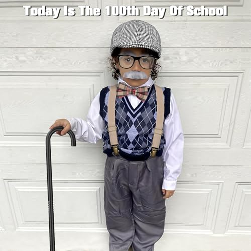 Horolam Kids Old Man Costume, Kids 100 Days of School Costume for Boys with Fake Beard Eyebrow Walking Cane Glasses Suspender