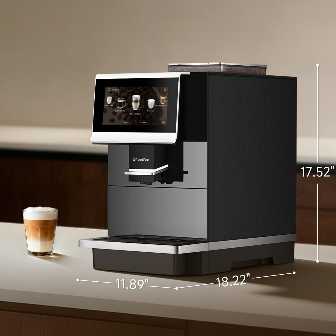 DR.COFFEE C12 Fully Automatic Coffee Machine, Espresso Machine With Ceramic Flat Burrs, 9 Grind Size Options, 7” HD Large Touchscreen, 4 Water Tank for Office Use