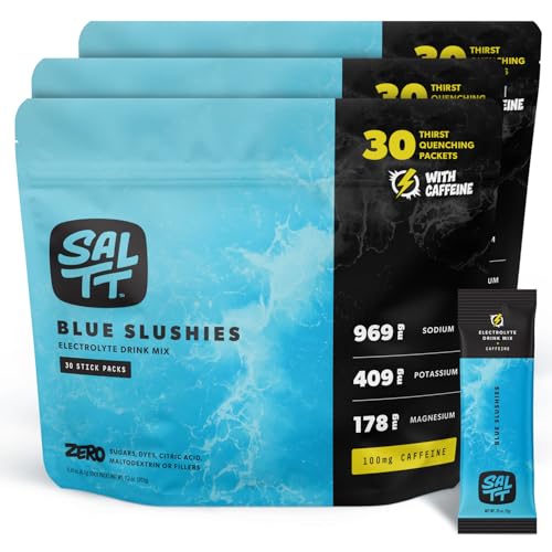 SALTT Electrolytes Powder Flavored Drink Mix - Blue Slushies - 90 Hydration Packets - 100mg Caffeine - Magnesium, Potassiu...