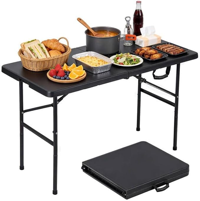ZENY 4ft Portable Folding Table Plastic Indoor Outdoor Picnic Party Camp Dining Table with Handle, Black