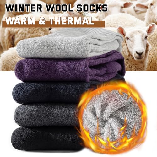 Pleneal Merino Wool Hiking Socks for Men, Thick Thermal Warm Winter Crew Boot Cushion Wicking Socks 5 Pairs for Cold Weather