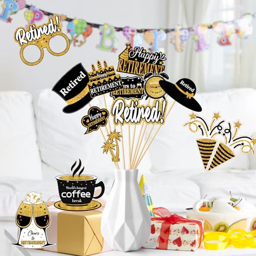 Kuxriox 30Pcs Happy Retirement Party Decorations for Men Women, Black Gold Retirement Photo Booth Props, Cheers to Retirem...
