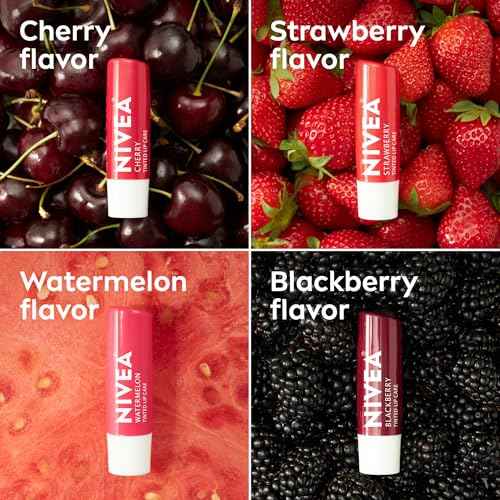 NIVEA Lip Care, Fruity Tinted Lip Balm Variety Pack, Cherry, Strawberry, Blackberry and Watermelon Flavors, 3-in-1 Moisture, Repair and Color, 0.17 Oz Stick, Pack of 4