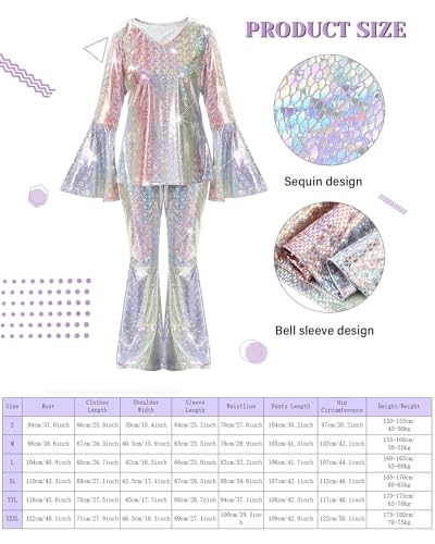 Jexine 70s Women Disco Outfit Costume Disco Party Top Pants Sunglasses Ball Necklace Earring Wig for Halloween New Year Eve