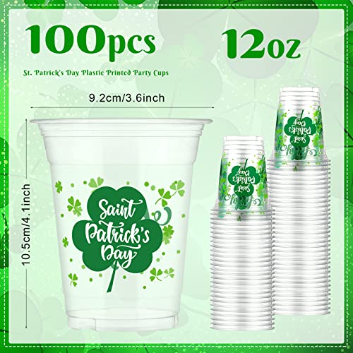 Aoriher 100 Pcs 12 oz St Patrick's Day Shamrock Cups Disposable Plastic Happy St Patrick's Day Green Clear Cups Lucky Day ...