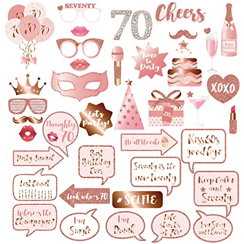 70th Birthday Party Photo Booth Props and Signs, Rose Gold 70 Birthday Party Selfie Props Kit with Sticks for Women, Seven...
