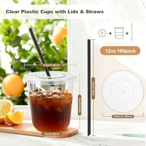tchrules 100 Set 12oz Plastic Cups with Lids and Straws, Disposable Clear Iced Coffee Cup with Lid, Round Bottom Plastic T...