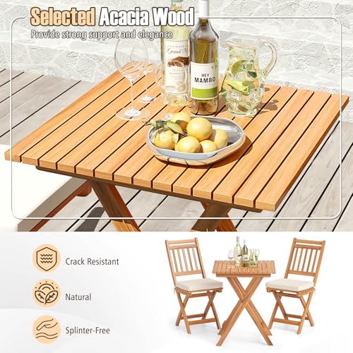 Tangkula Acacia Wood Patio Bistro Set of 3, Outdoor Folding Chair Table Set with Soft Seat Cushions, High Back Armless Cha...
