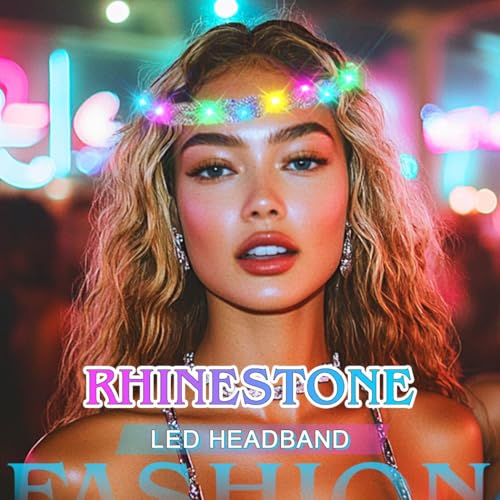 JEAIRTS Light Up Rhinestone Headband Glow Disco Headpiece Led Bling Hair Accessories for Women(1-Silver)