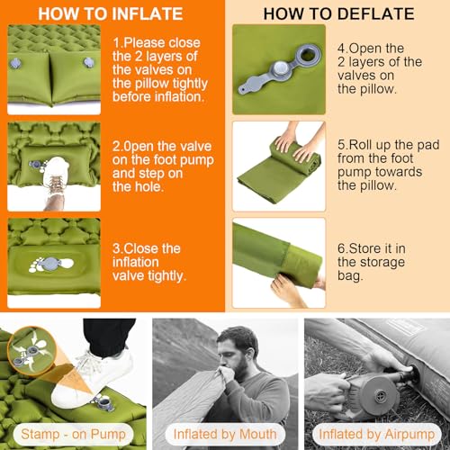 Double Sleeping Pad, Ultralight 4" Extra-Thick Self Inflating Sleeping Mat for 2 Person with Pillow Built-in Foot Pump Por...