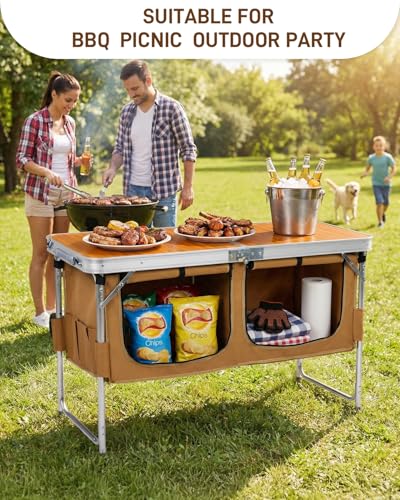Outvita Folding Table, 4FT Aluminum Camping Table with Large Storage Space and Adjustable Height Picnic Table Lightweight ...
