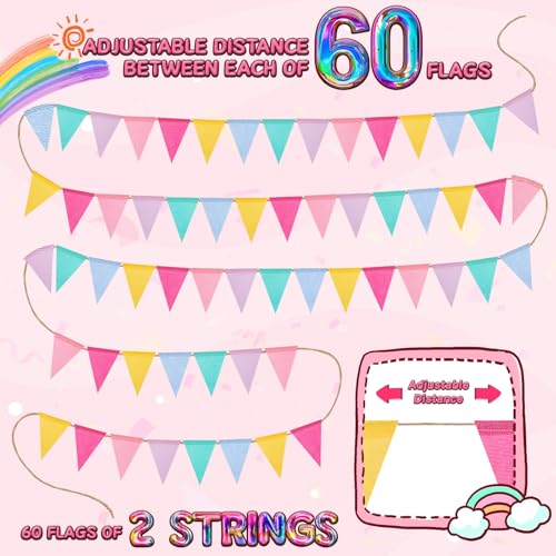 Jutevo 120 Flags/72ft Pennant Banner Flags Garland, Triangle Banner Pennant Flags on a String, Pastel Burlap Pennant Banne...