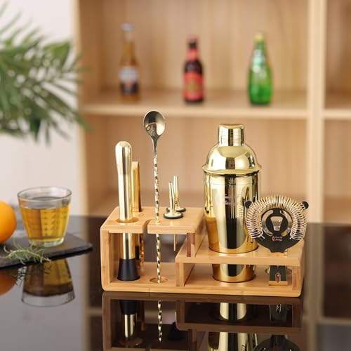 14PC Bartender Kit - Gold Cocktail Shaker Set - All Barware Essentials for Drink Mixing Includes Stand, Martini Shaker, Ji...