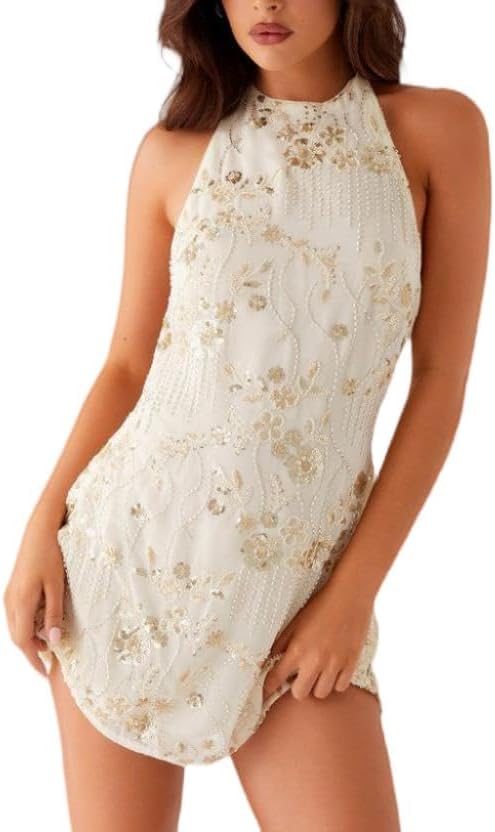 Y2k Sequin Beaded Halter Dress for Women Sexy Sparkle Backless Mini Dress Floral Embellished Rhinestone Club Dresses