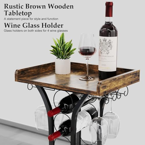 X-cosrack Wine Rack Freestanding Floor, Mini Bar Table Wine Holder Stand Liquor Cabinet with Glass Holder Wood Tabletop 14...