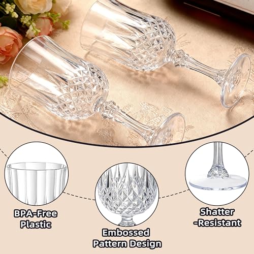 JUSONEY Vintage Plastic Wine Glasses,Crystal Textured Plastic Goblets,Disposable Wine Glasses for Parties,Weddings,Elegant...