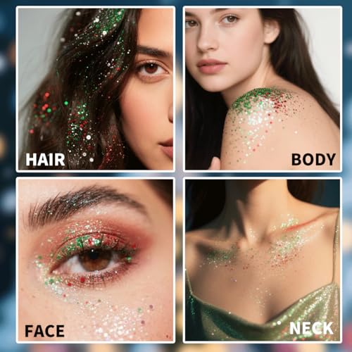 Mysense Christmas Glitter Stick for Face Hair Body, Red Silver Green Chunky Sparkling Glitter Makeup, Christmas Party Cost...