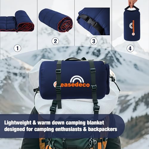 easedeco Down Camping Blanket - Navy Blue, 1lb 6oz / 77 * 52'' Lightweight Packable Warm Puffy Travel Quilt with Footbox, ...