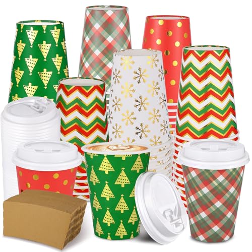 300 Pcs/100 Sets Christmas Coffee Cups with Lids and Sleeves 12 oz Disposable Christmas Paper Cups Party Drinking Cups for...