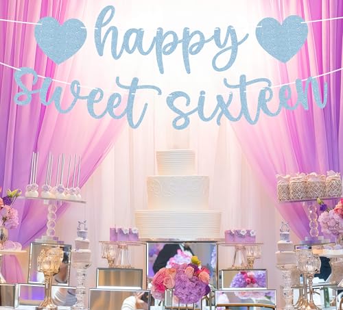 Pre-strung Happy Sweet Sixteen Banner - Light Blue Glitter 16th Birthday Party Decorations & Decor, Photo Booth Props