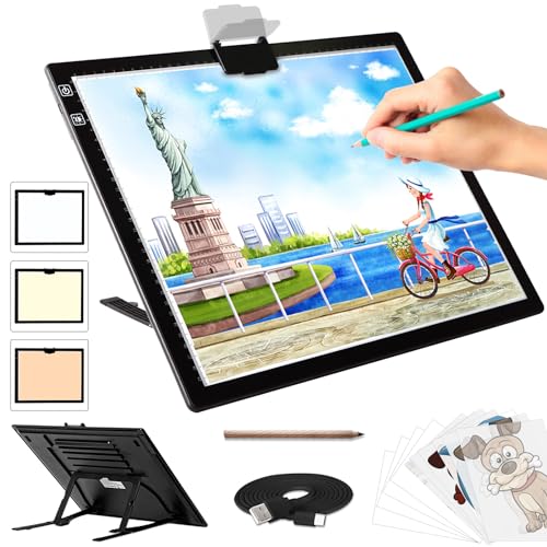 A3 Light Pad - Rechargeable Diamond Painting Light Board with Stand, 3 Colours Stepless Dimmable 6 Levels Brightness Traci...