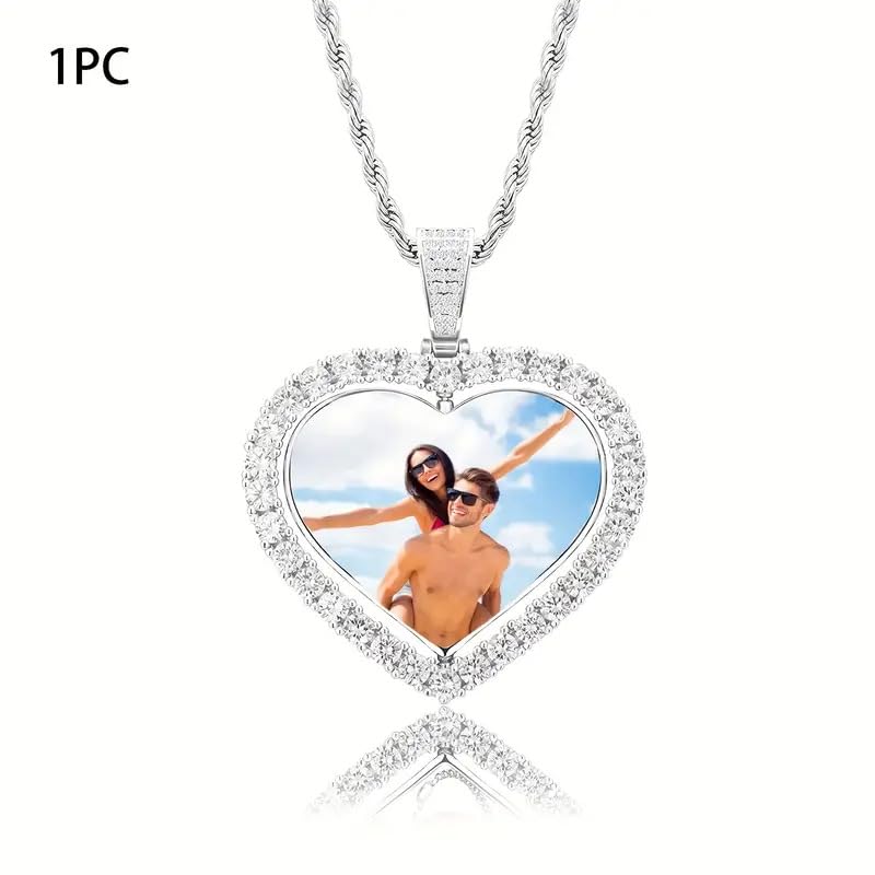 Personalized Heart Photo Necklace for Women - Custom Picture Pendant with Rhinestones, Memorial Gift for Wife Girlfriend Mom, Anniversary Birthday Jewelry Keepsake (Style 1)