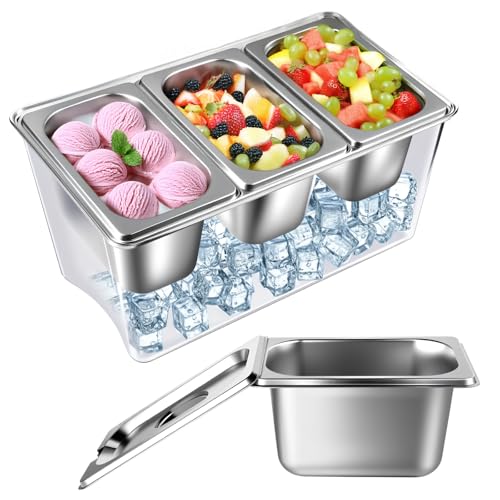 3 Compartments Ice Chilled Condiment Caddy, 30.5 oz Salad Bar Containers Stainless Steel Serving Dish with Lids for Bar, H...
