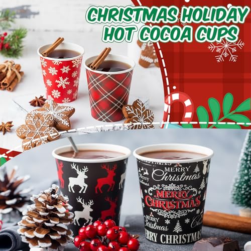 FoldTier 120 Set 9 oz Christmas Hot Cocoa Paper Cups Bulk Disposable Paper Coffee Tea Cups with Straws Christmas Hot Choco...