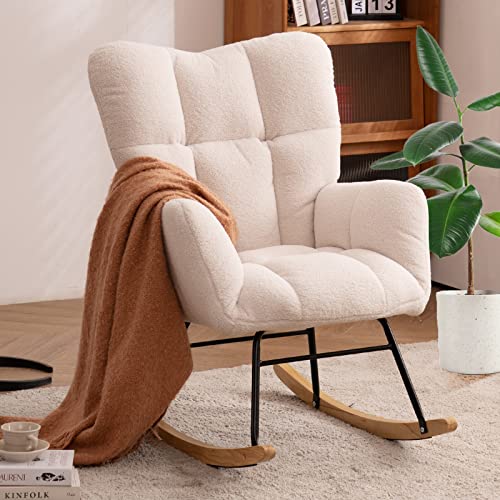 NIOIIKIT Nursery Rocking Chair Teddy Upholstered Glider Rocker Rocking Accent Chair Padded Seat with High Backrest Armchai...