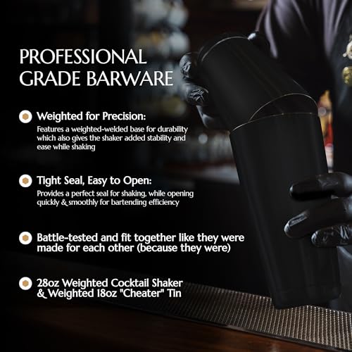 Bull in China 2-Piece Cocktail Shaker Matte Black – 28 oz Weighted Shaker & 18oz Weighted Cheater Tin, Professional Grade ...