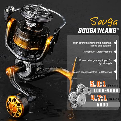 Sougayilang Spinning Reel,5.0:1/4.7:1 Gear Ratio Fishing Reel,Stainless Steel Ball Bearings,Audible Click Alarm,CNC Alumin...