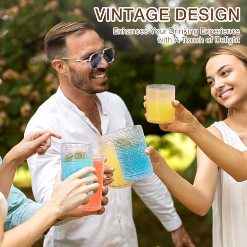 Potdoctor Hobnail Drinking Glasses Set of 8, 4 Highball Glasses 15oz,4 Rocks Glasses 12oz,Mixed Drink Cocktail Glass, Vint...