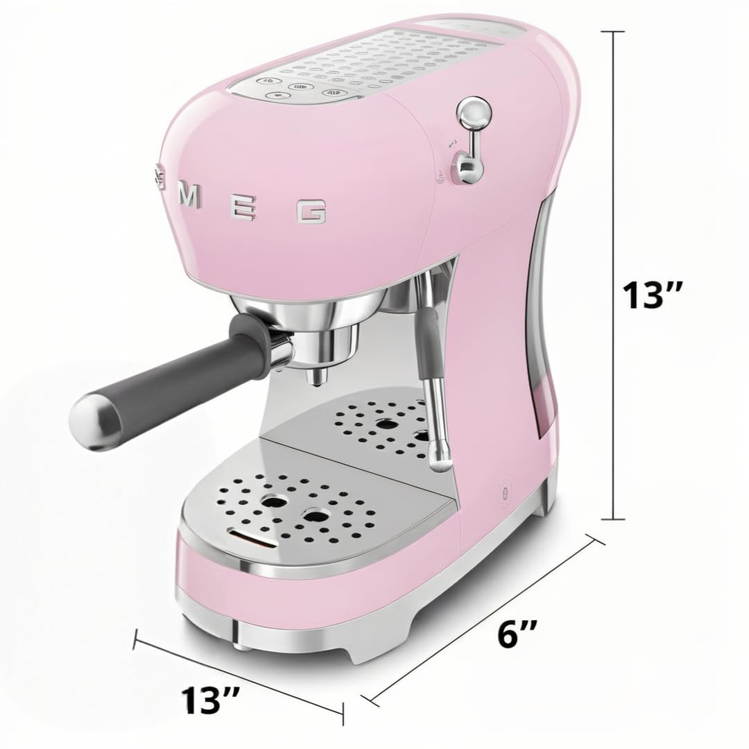 Smeg Manual Espresso Machine with Steam Wand, 15 Bars of Pressure, Stainless Steel Porta Filter, Passive Cup Warmer, User Friendly Controls, and Measuring Scoop Tamper Made in Italy (Pink)