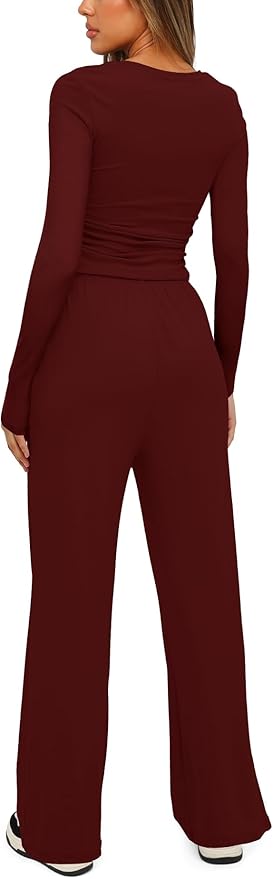 Darong Women's 2 Piece Outfits Lounge Sets 2026 Long Sleeve Tops Wide Leg Pants Casual Matching Set