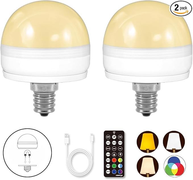BLUEYE E12 Rechargeable Light Bulb,2Packs,300LM,40W Equivalent,Detachable Charging,4 Color Temperature,Remote Control Puck Emergency Lamp,Timer,Dimmer,Dia 62mm x H85mm for Non-Hardwired