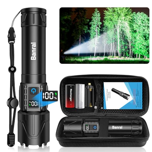 Banral Rechargeable Tactical Flashlights 2000 High Lumens - 5000mAh Super Bright LED Powerful Flash Light, Waterproof Hand...