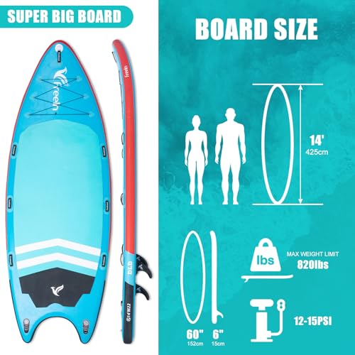 Freein 14’/15’/16’ Inflatable Team SUP, Extra Large Stand Up Paddle Board for Multi Person, Dual-action Hand Pump, Adjusta...